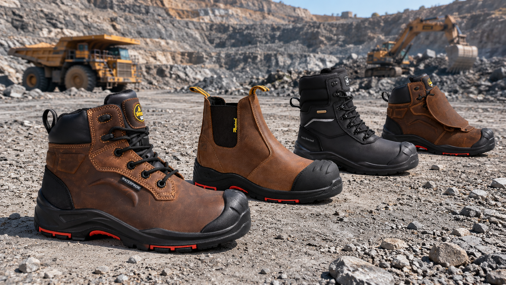 Mining Safety Boots for Open-Pit Operations Четыре горнодобывающих защитных сапога выставлены в открытом карьере вместе с самосвалом и экскаватором.