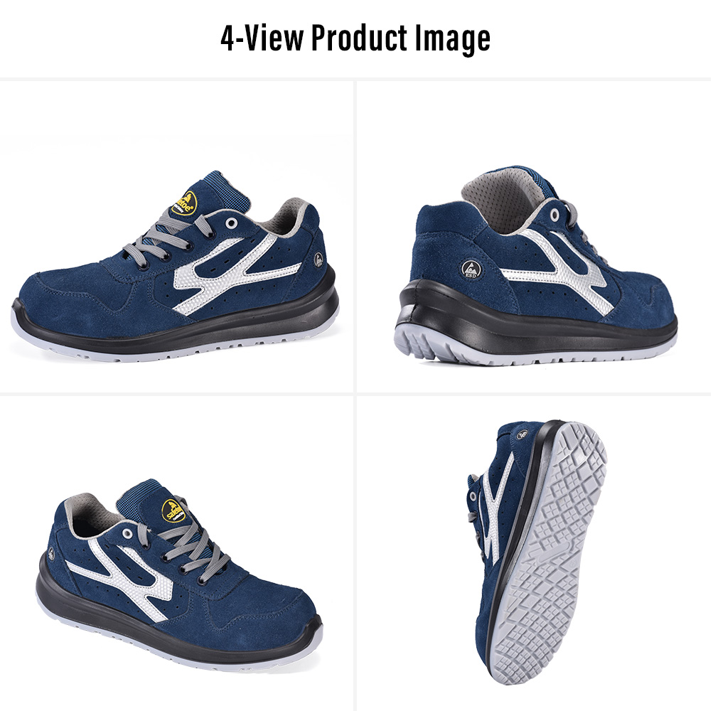 L-7328 Blue Metal-Free Safety Shoes Multi-View Display Несколько изображений синей неметаллической защитной обуви ESD L-7328 с верхом из коровьей замши.
