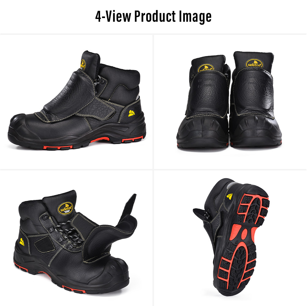 M-8387MP Metatarsal Welding Safety Boots – Four Views Четыре изображения черных кожаных защитных сапог для сварки Safetoe M-8387MP: внешний щиток плюсневых костей, защитное сварочное покрытие и подошва.