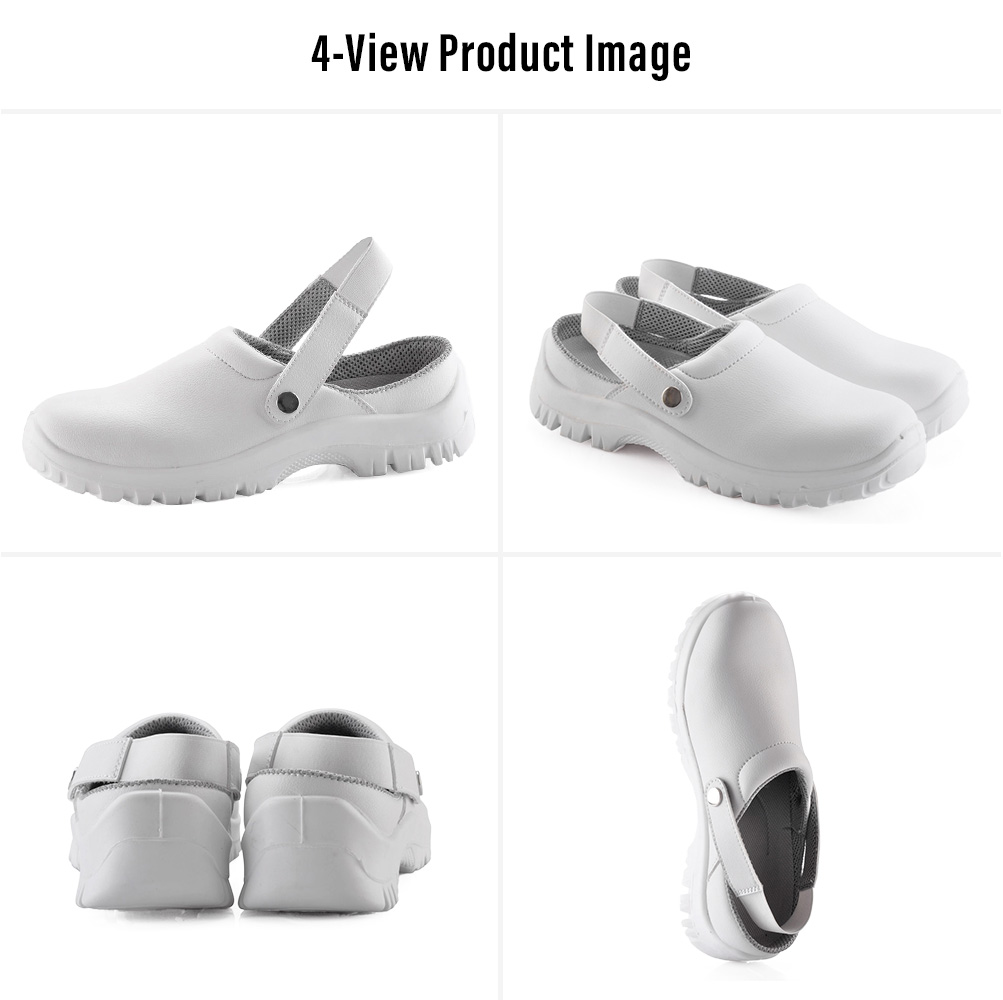 L-7096 White Steel Toe Kitchen Safety Shoes – Four Views Четыре изображения Safetoe. Белая кухонная защитная обувь со стальным носком Safetoe L-7096, регулируемым пяточным ремешком и нескользящей подошвой из полиуретана.