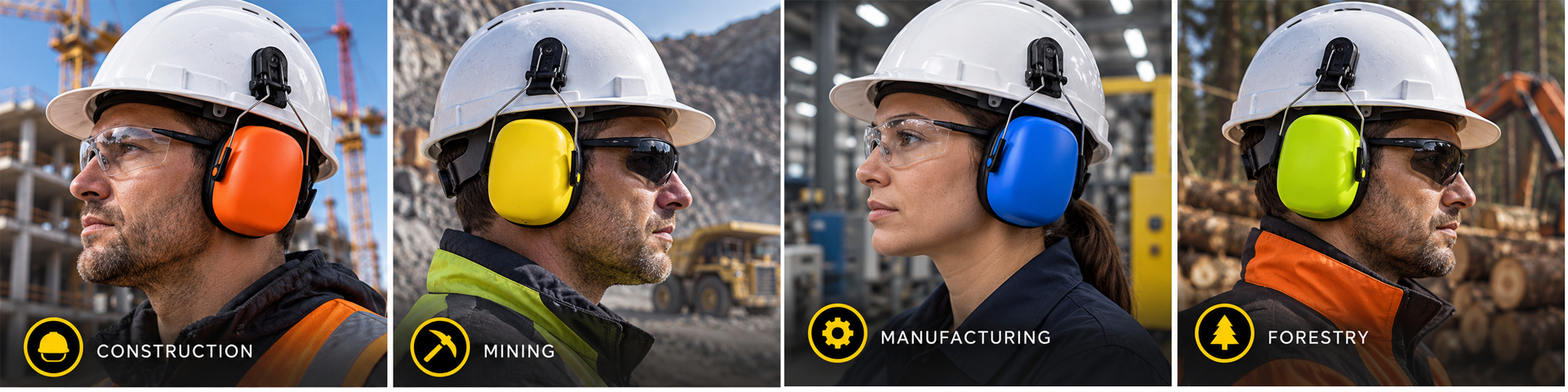 Helmet-Mounted Earmuffs for Industrial Hearing Protection Наушники Safeyear для защиты органов слуха в строительстве, горнодобывающей промышленности, промышленности и лесном хозяйстве.