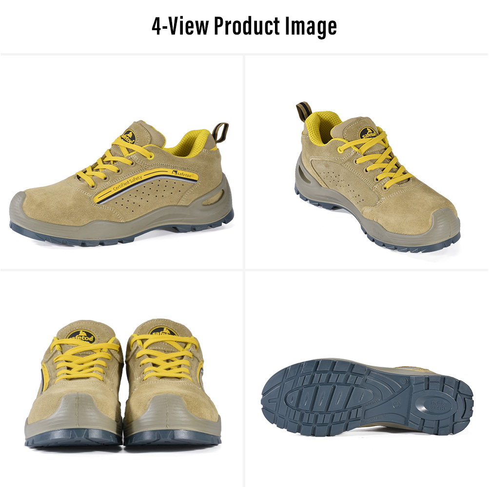 L-7296 Brown S1P Safety Shoes Four-View Display Изображение защитной обуви S1P из коричневой коровьей замши L-7296 в четырех ракурсах.