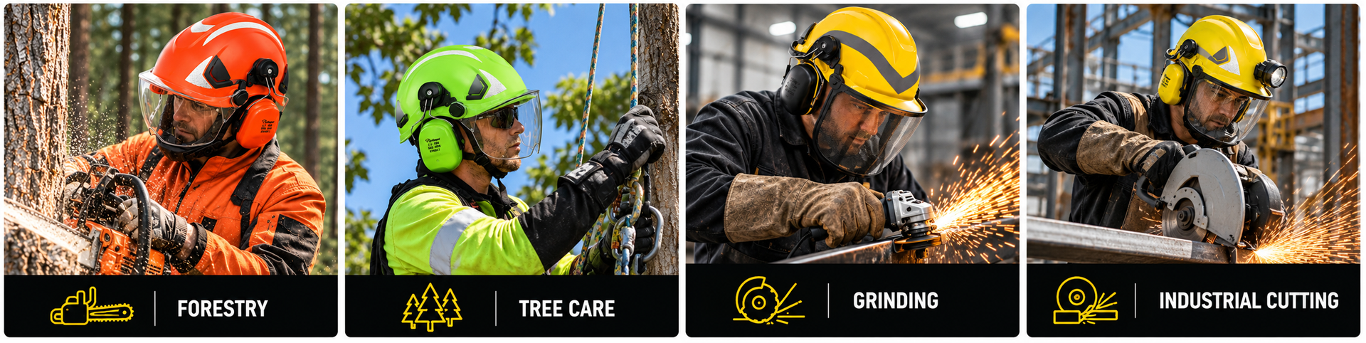 Forestry & Integrated Protection Helmets for Demanding Work Лесозаготовительные и интегрированные защитные каски для лесного хозяйства, ухода за деревьями, шлифования и промышленной резки.