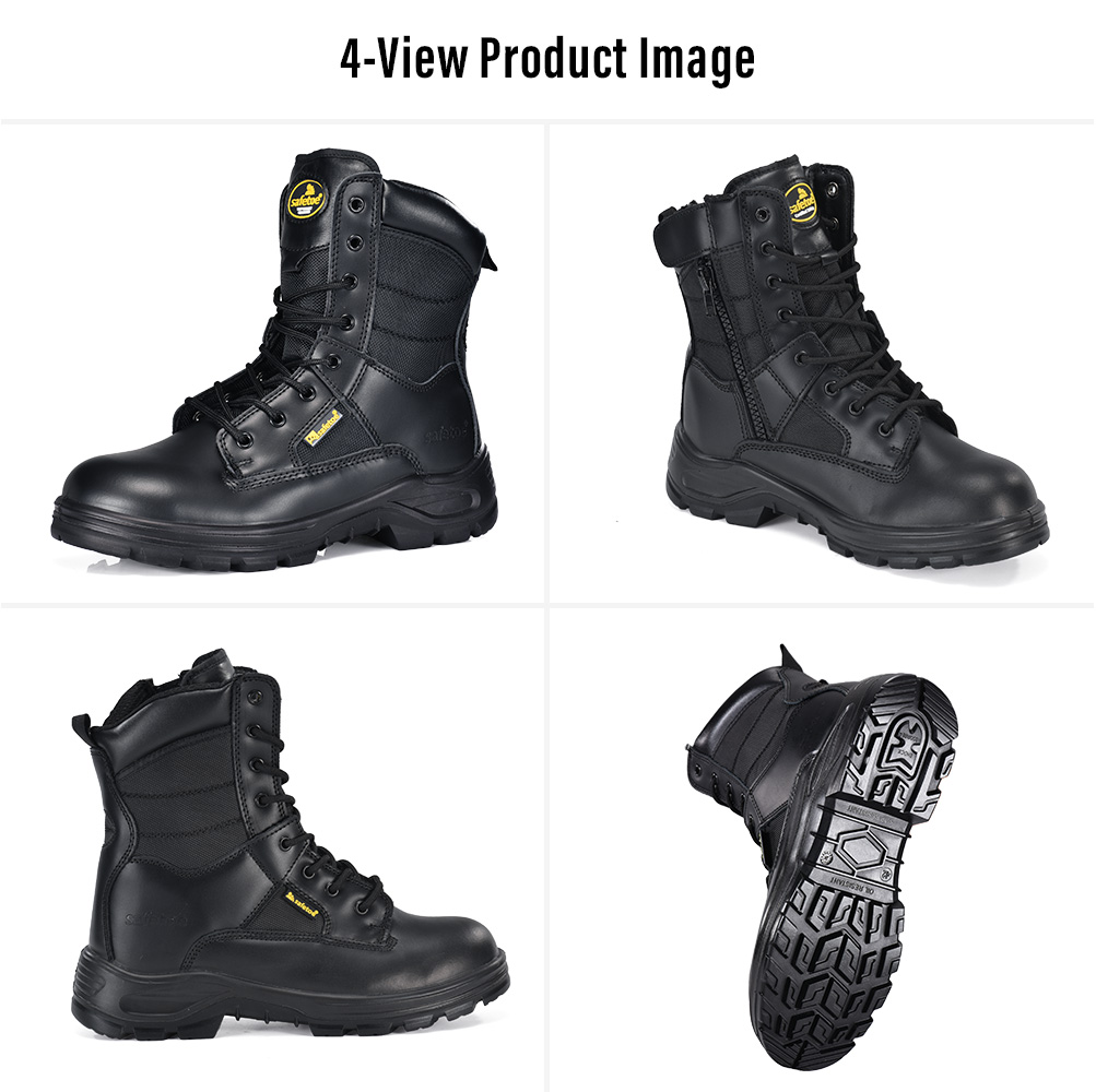Safetoe H-9438 Tactical Side Zip Safety Boots – Four Views Изображение тактических защитных ботинок Safetoe H-9438 с боковой застежкой-молнией, вид спереди, сбоку, сзади и противоскользящей подошвой.