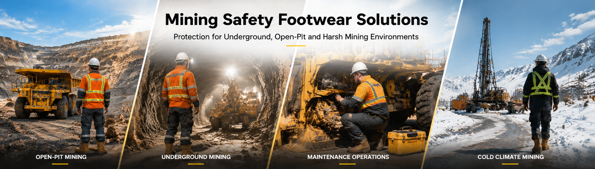 Safetoe Mining Safety Footwear Solutions for Underground and Open-Pit Operations Защитные ботинки для горнодобывающей промышленности, предназначенные для подземных рудников, открытых горных работ и суровых горных условий.