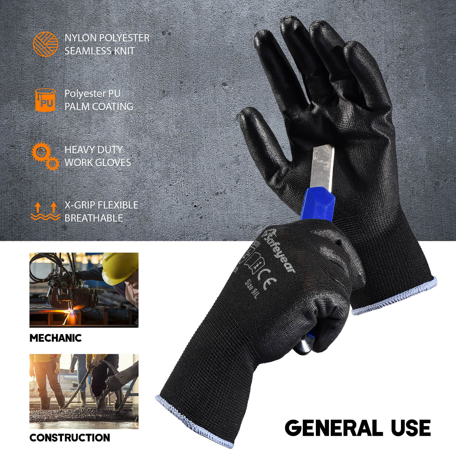 PU, покрытый трудоустройством, перчатки для обеспечения безопасности ZHXPU225B 