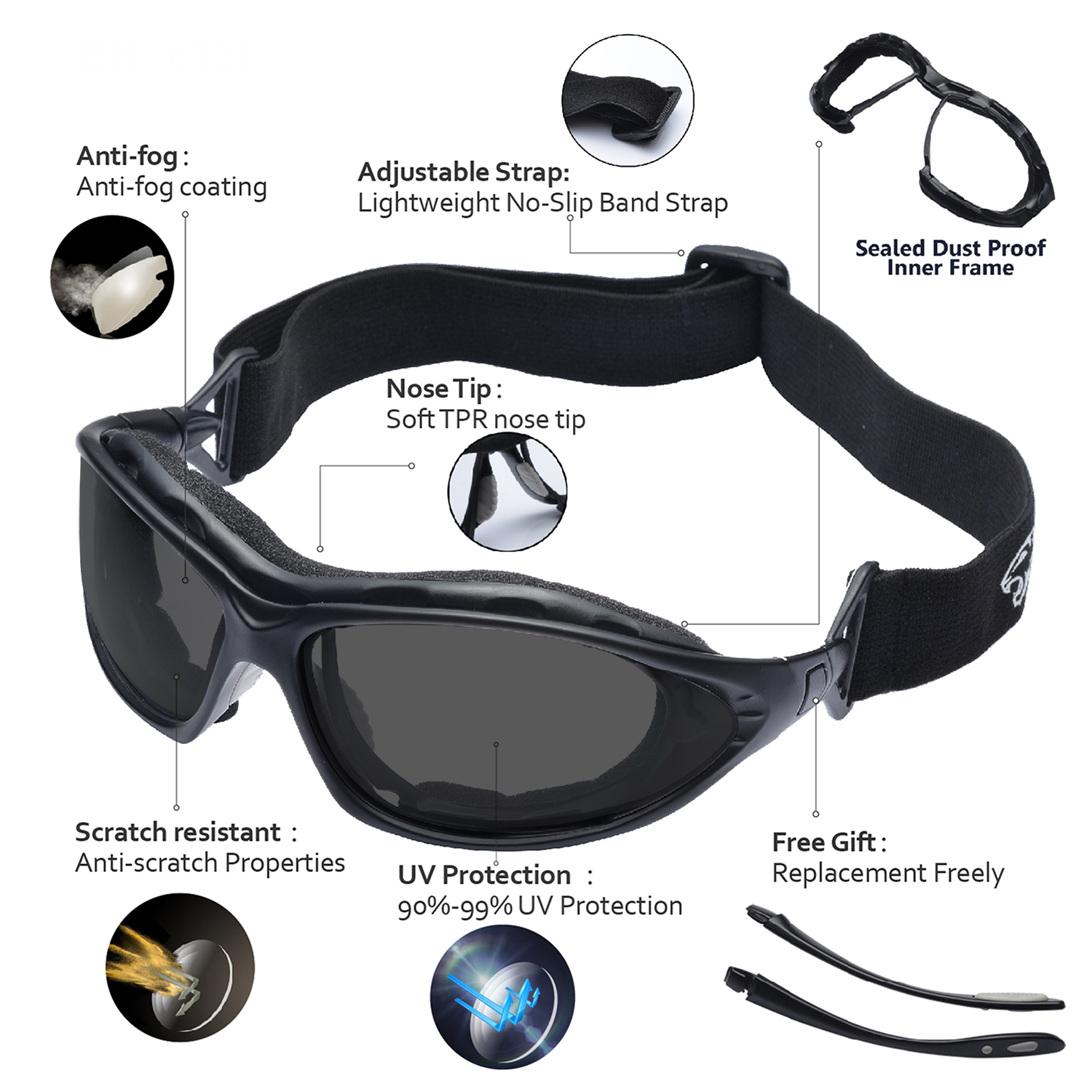 Сверхкомфортные противозапотевающие защитные очки с мягкой внутренней пеной | ANSI Z87.1 и EN166 SG002 Черный