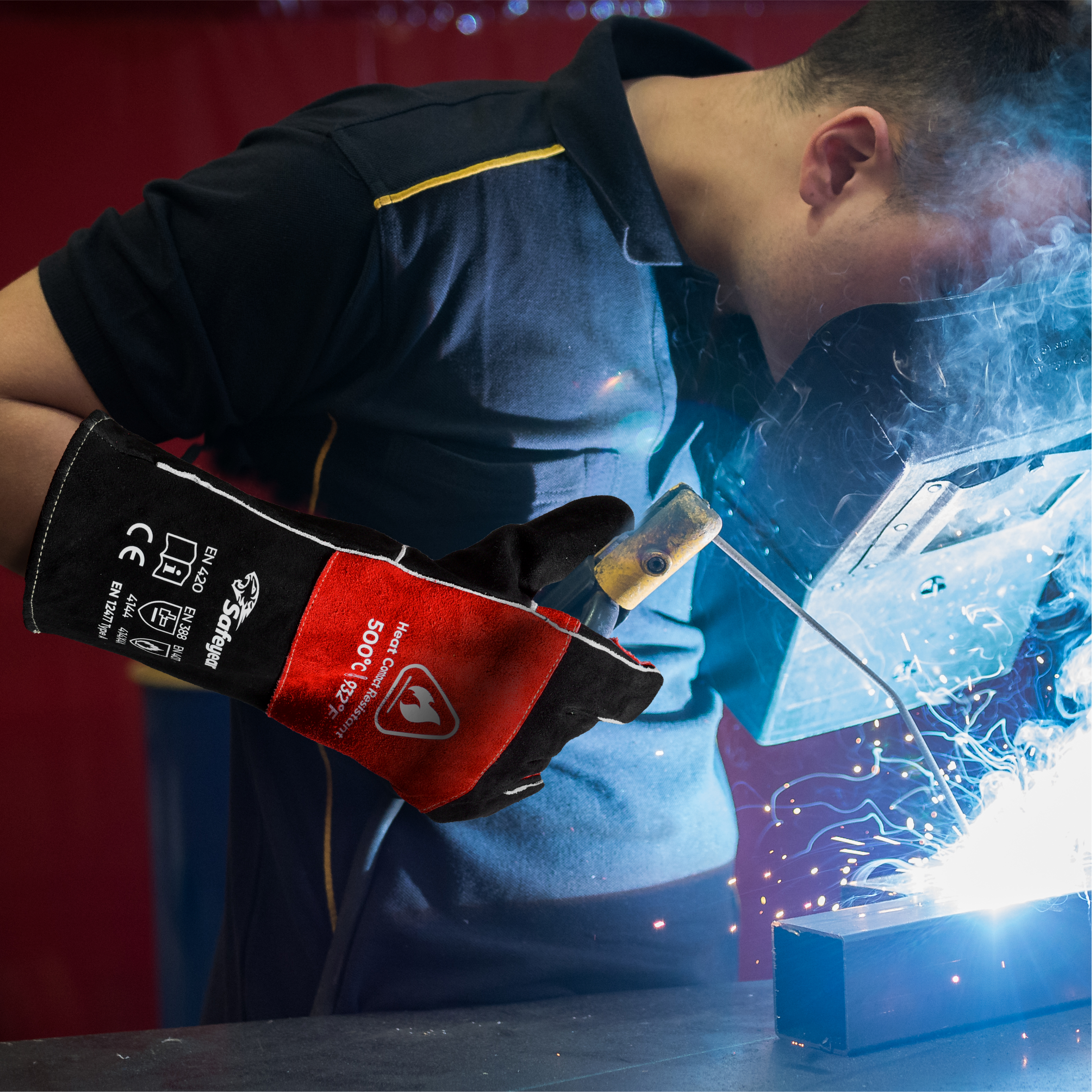  Кожаные перчатки Термостойкие сварочные перчатки FL-1023 Черный и красный