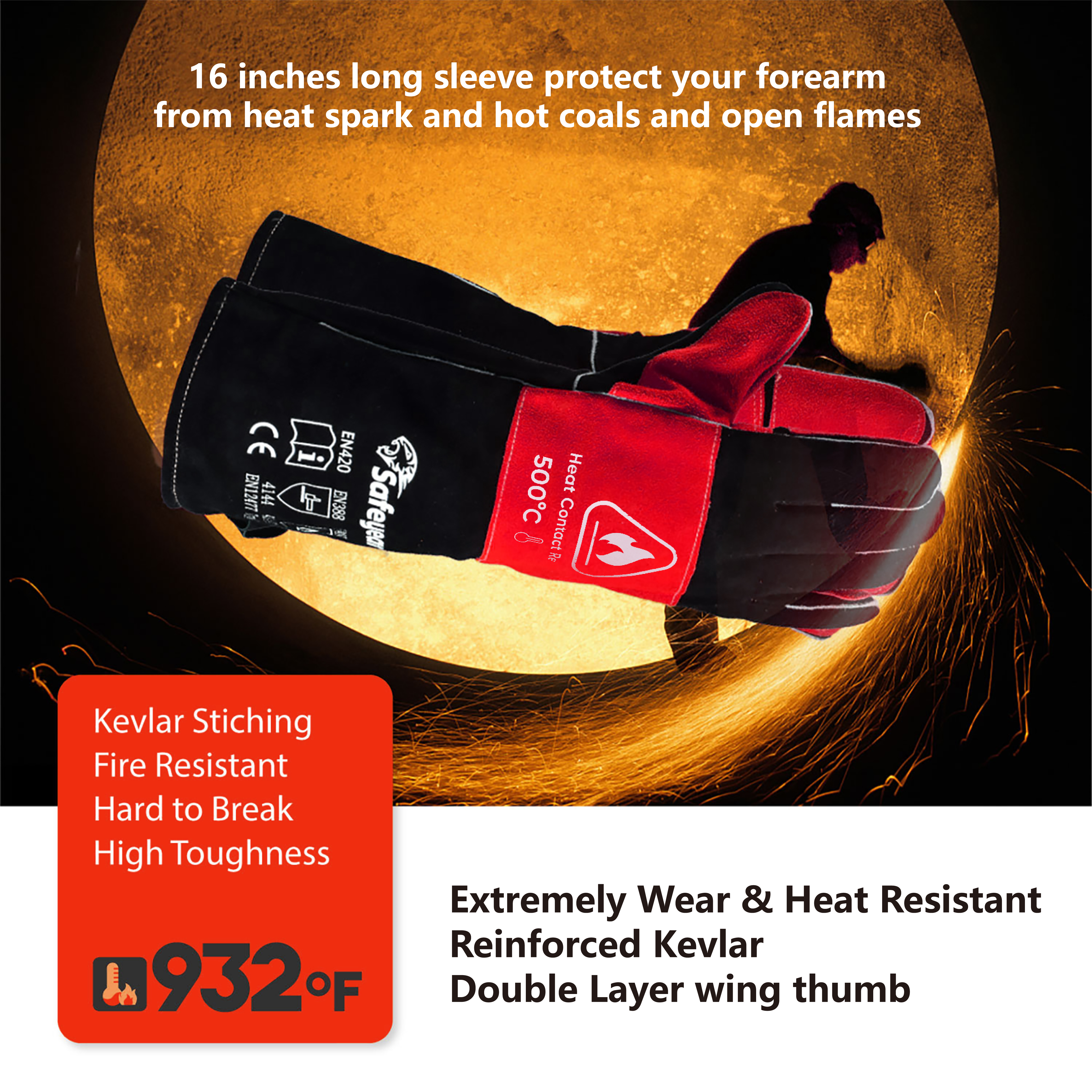  Кожаные перчатки Термостойкие сварочные перчатки FL-1023 Черный и красный