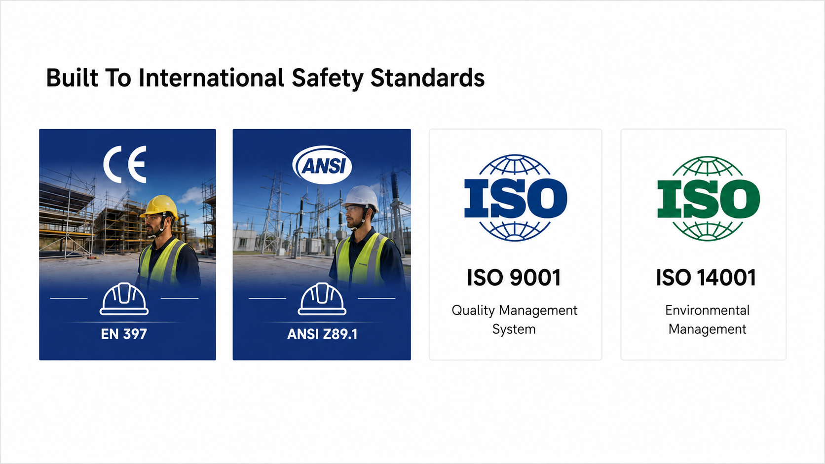 Стандарты строительных защитных касок, включая EN 397, ANSI Z89.1, ISO 9001 и ISO 14001.