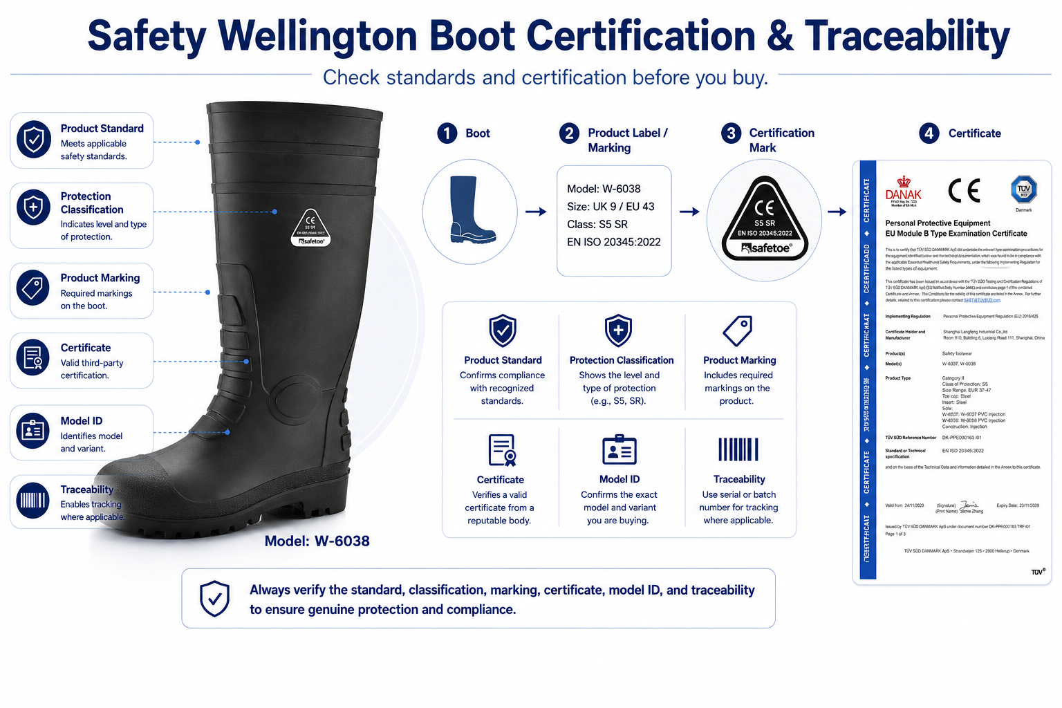 Сертификационная маркировка ботинок Safety Wellington и идентификация продукта
