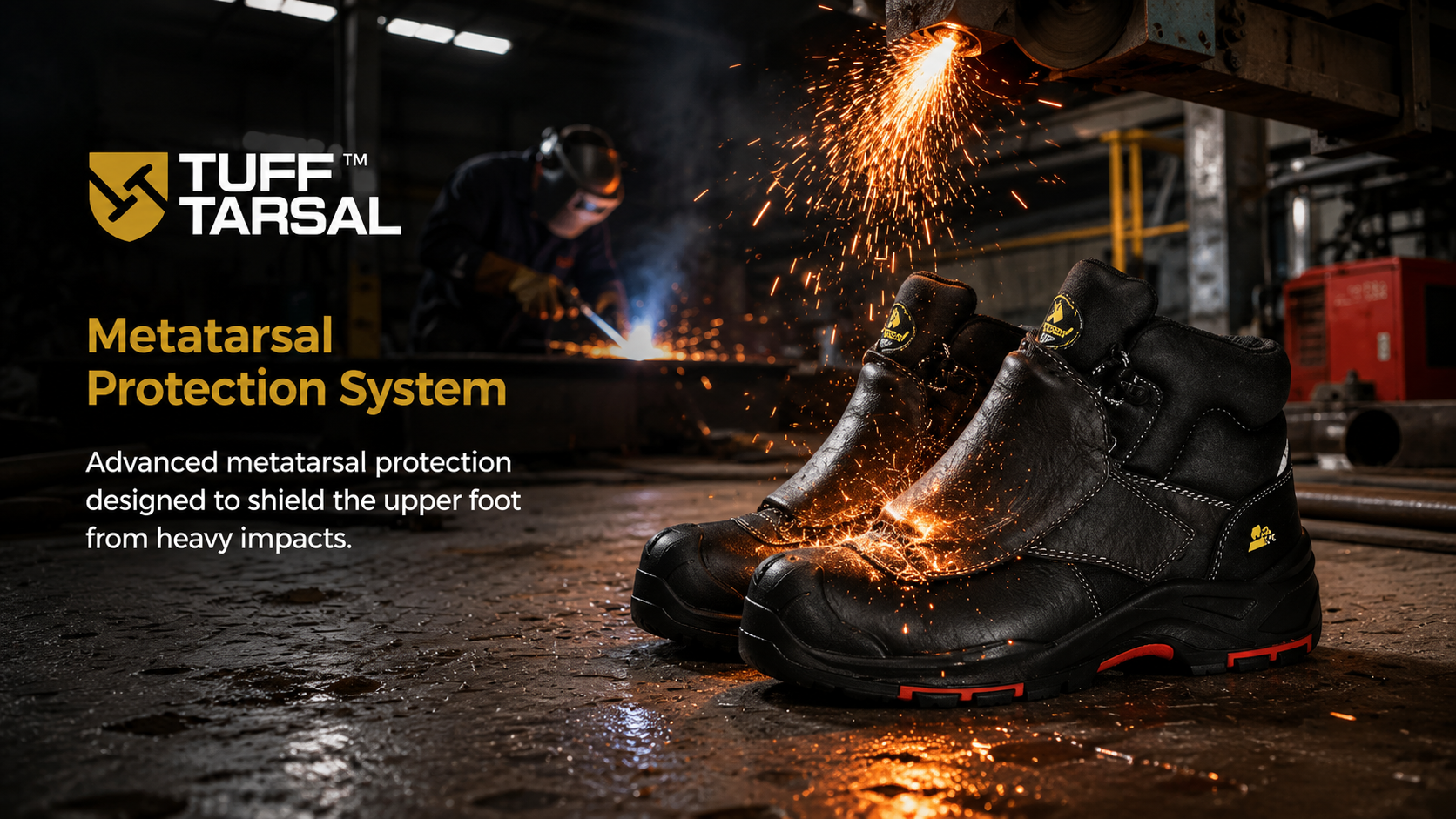 Черные защитные ботинки с защитой плюсны TuffTarsal на металлообрабатывающем заводе со скрежетающими искрами