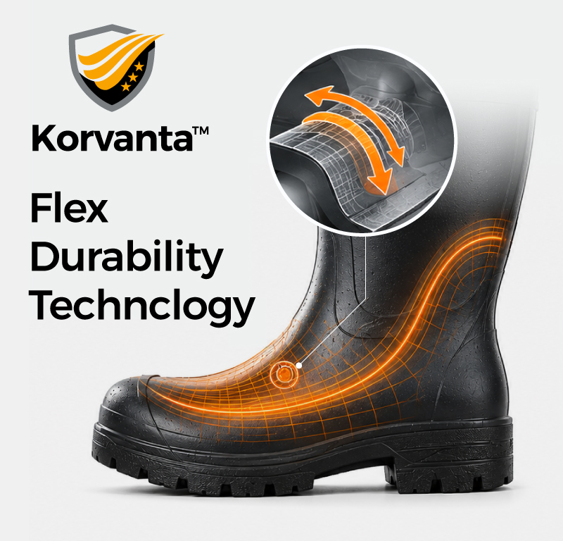 Технология Korvanta™ Flex Durability для удобных и прочных водонепроницаемых сапог Wellington.