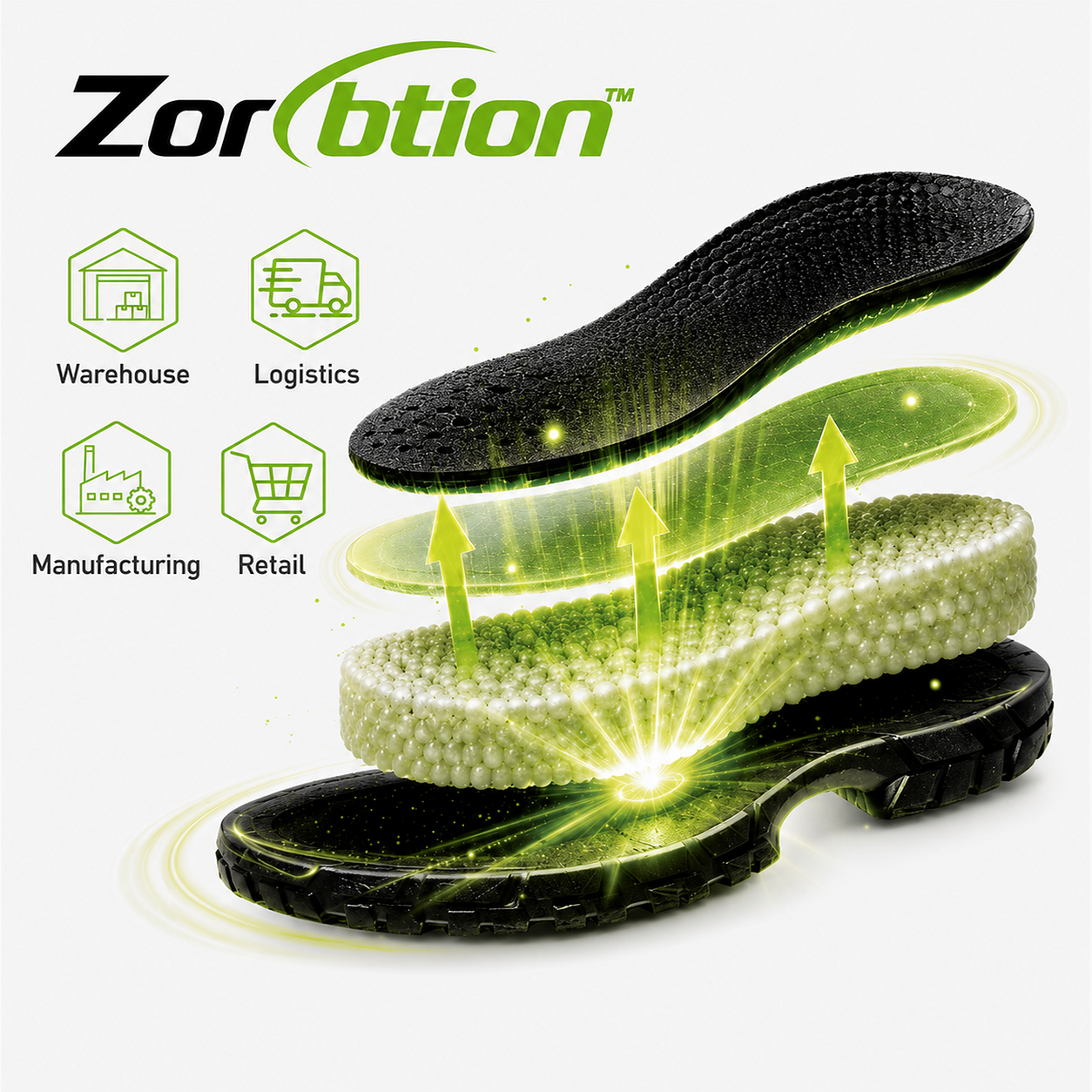 Система амортизации пятки Zorbtion™, обеспечивающая амортизацию защитной обуви.